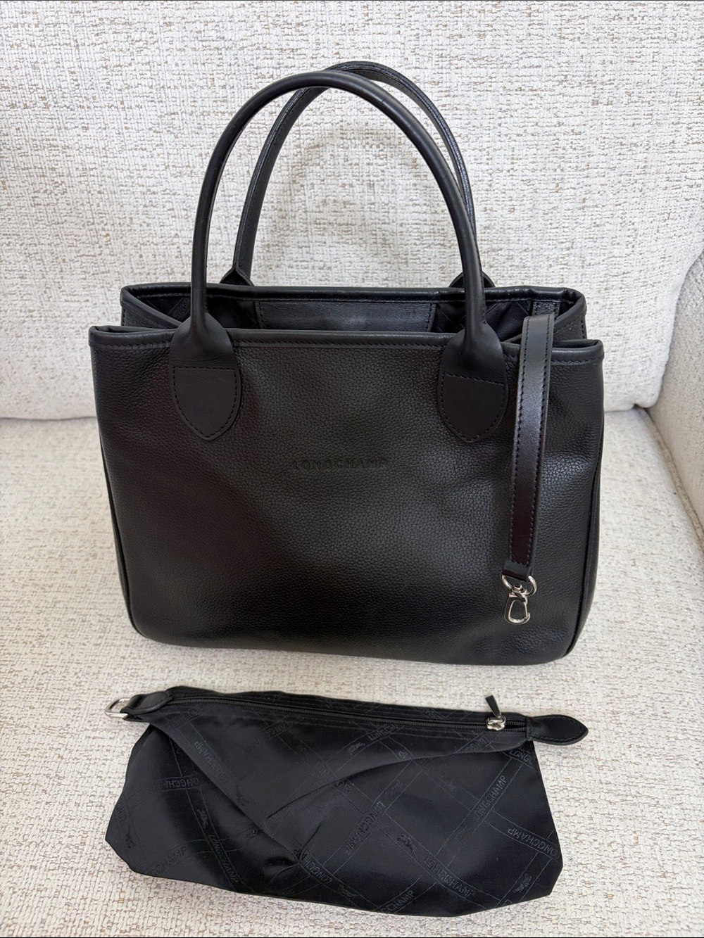Longchamp Black Pebbled Leather Tote with matching small pouch